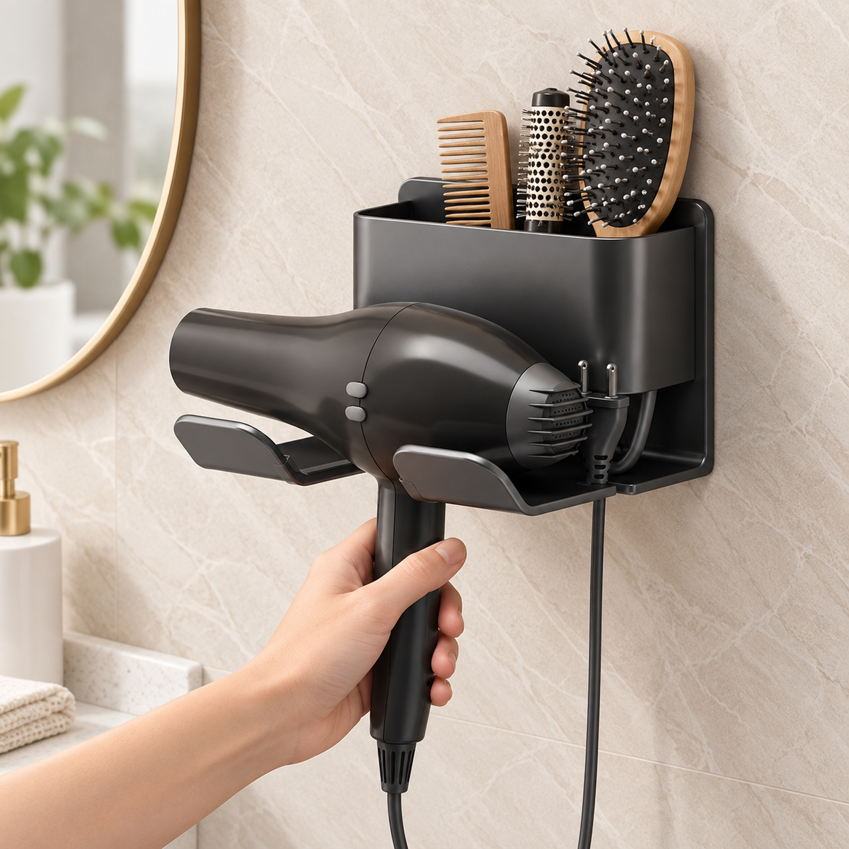 Wall-Mounted Hair Dryer Holder & Styling Tool Organizer