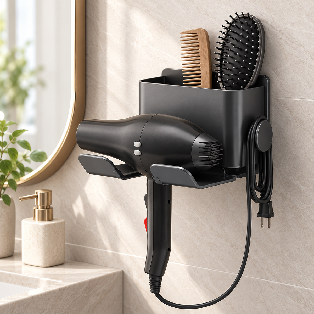 Wall-Mounted Hair Dryer Holder & Styling Tool Organizer