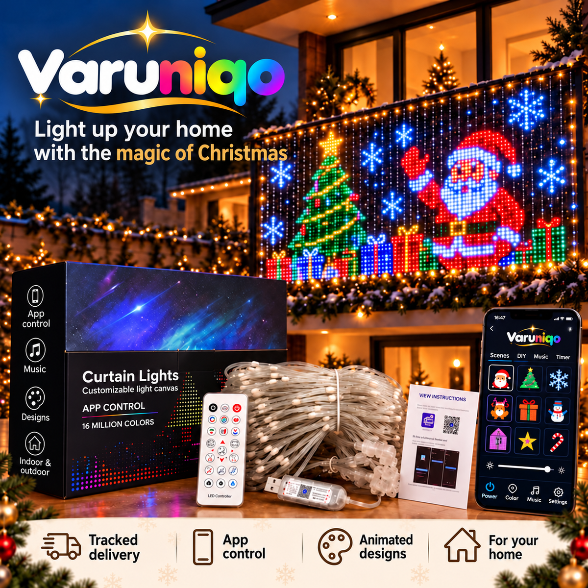 VARUNIQO animated LED curtain lights with app control and Christmas display