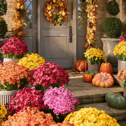 Mixed color artificial mums multi-planter display